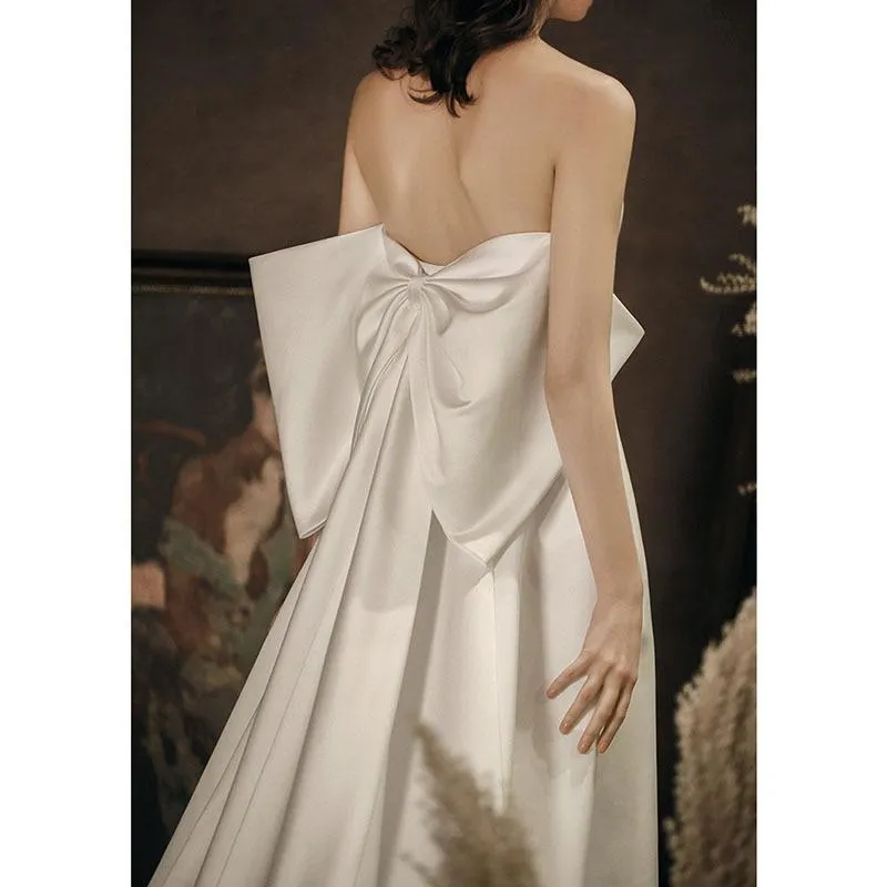 Chic Sweetheart Ivory Satin Simple Long Beach Wedding Dresses With Bowknot Y0107