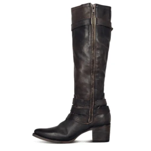 Chunky Heel Buckle Pointed Toe Knee High Boots
