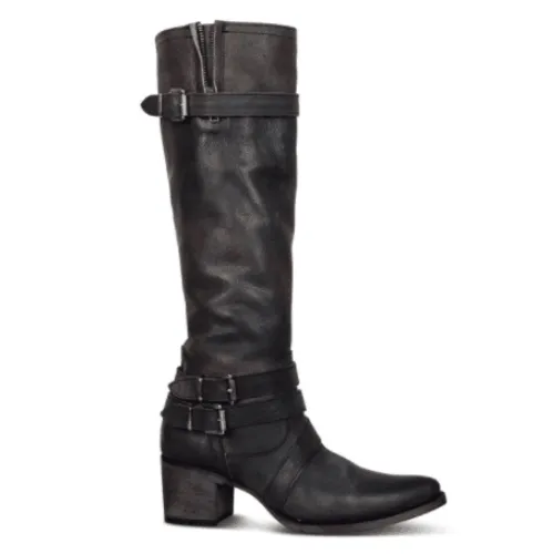Chunky Heel Buckle Pointed Toe Knee High Boots