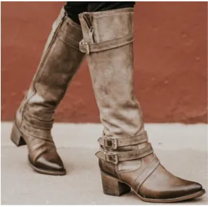 Chunky Heel Buckle Pointed Toe Knee High Boots