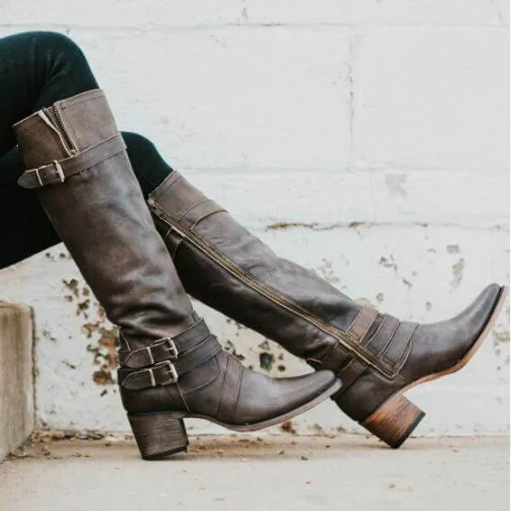 Chunky Heel Buckle Pointed Toe Knee High Boots