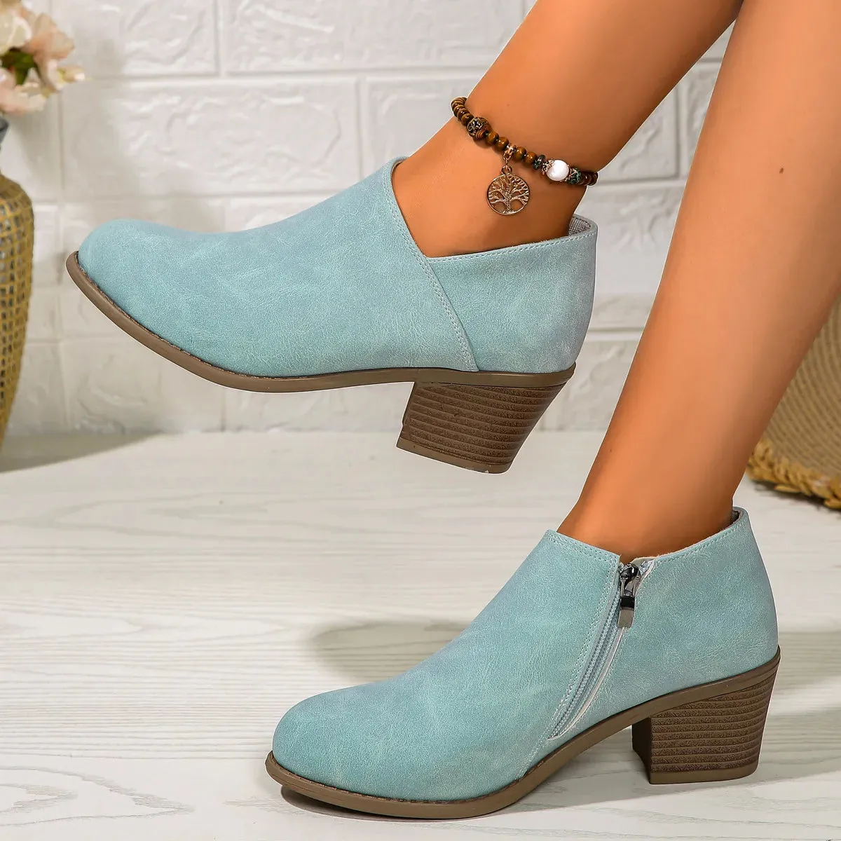 Chunky Heel Round Toe Ankle Boots With Side Zipper Design Fashion Fall Winter Short Boots For Women Shoes
