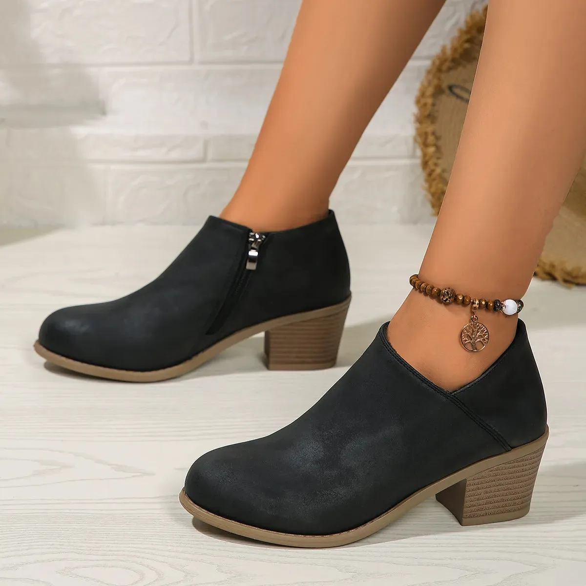 Chunky Heel Round Toe Ankle Boots With Side Zipper Design Fashion Fall Winter Short Boots For Women Shoes