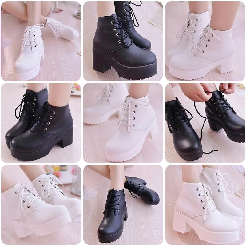 Chunky platform block heel combat booties front lace ankle booties
