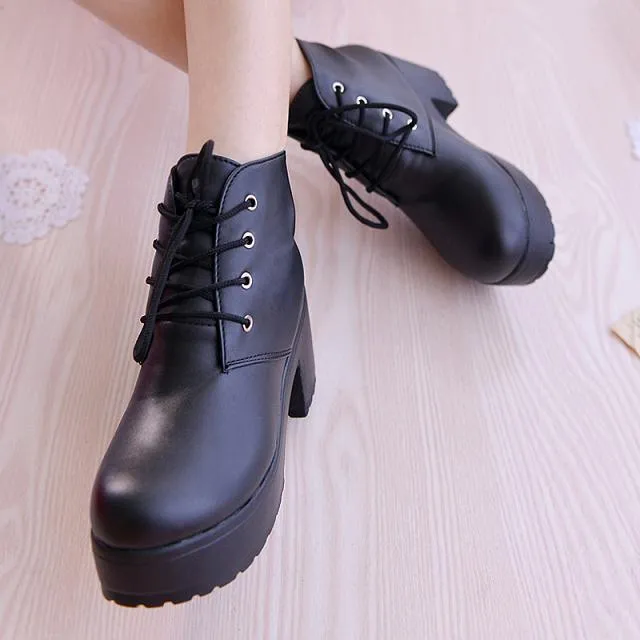 Chunky platform block heel combat booties front lace ankle booties