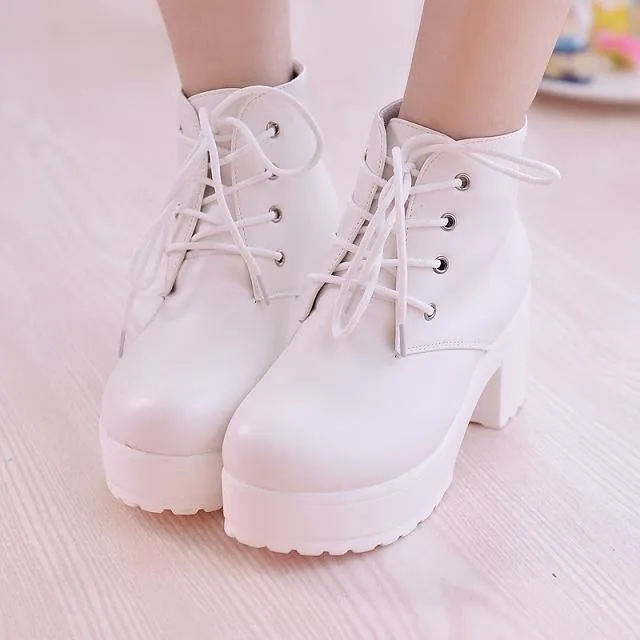 Chunky platform block heel combat booties front lace ankle booties