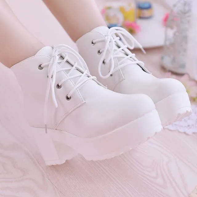 Chunky platform block heel combat booties front lace ankle booties