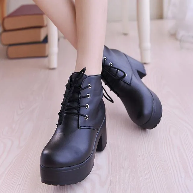 Chunky platform block heel combat booties front lace ankle booties