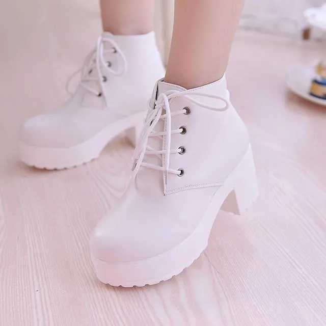 Chunky platform block heel combat booties front lace ankle booties
