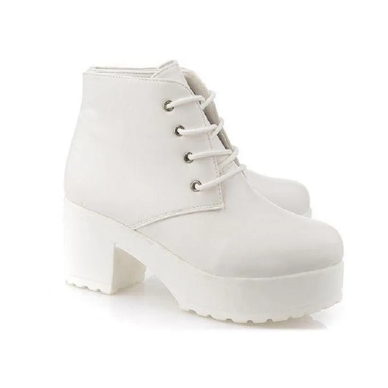 Chunky platform block heel combat booties front lace ankle booties