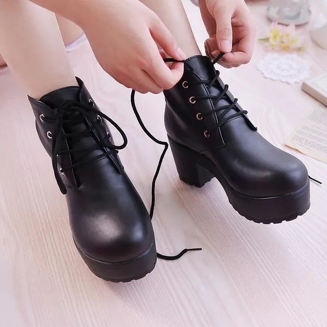 Chunky platform block heel combat booties front lace ankle booties