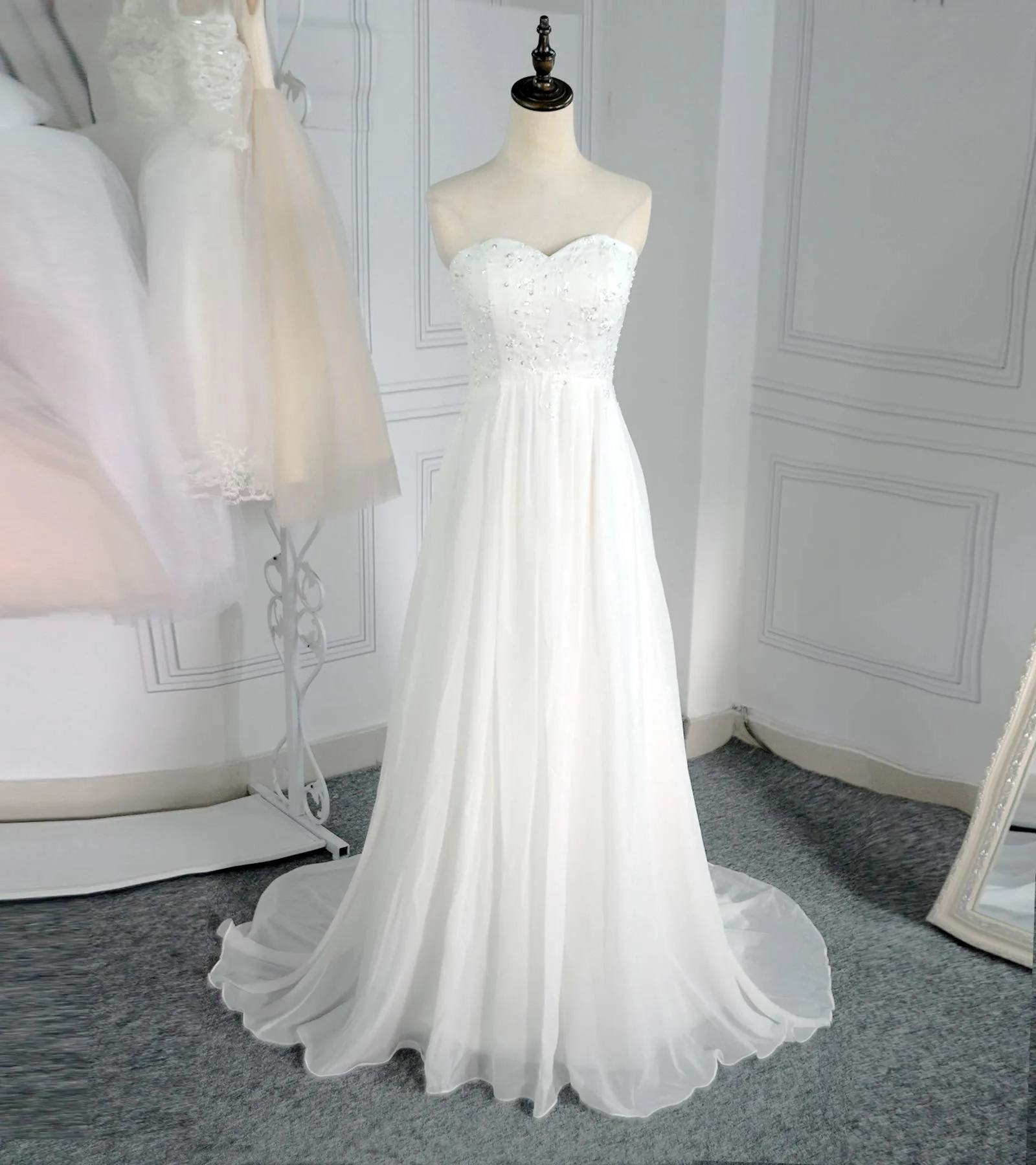 Classy Sweetheart Long Ivory Lace Chiffon Simple Beach Wedding Dress Y0124