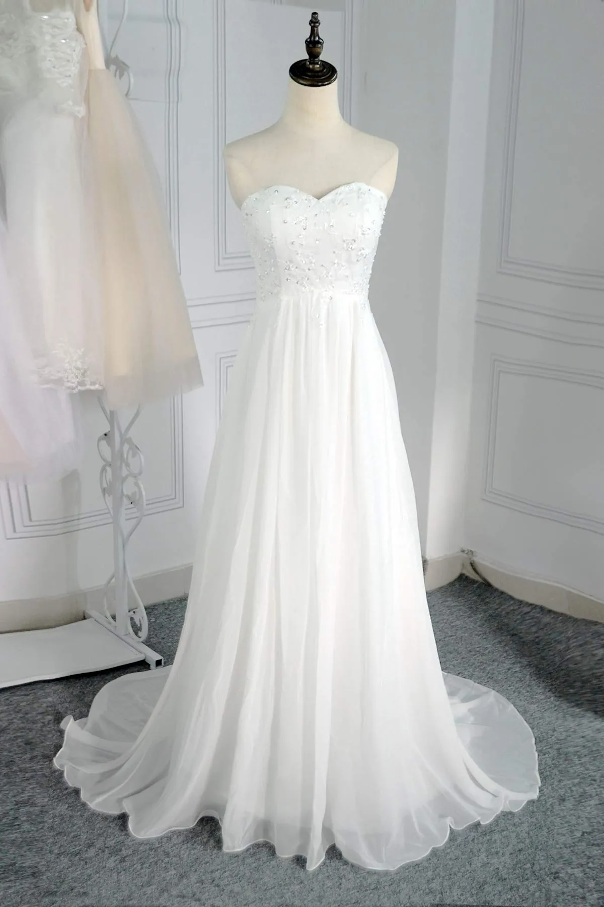 Classy Sweetheart Long Ivory Lace Chiffon Simple Beach Wedding Dress Y0124