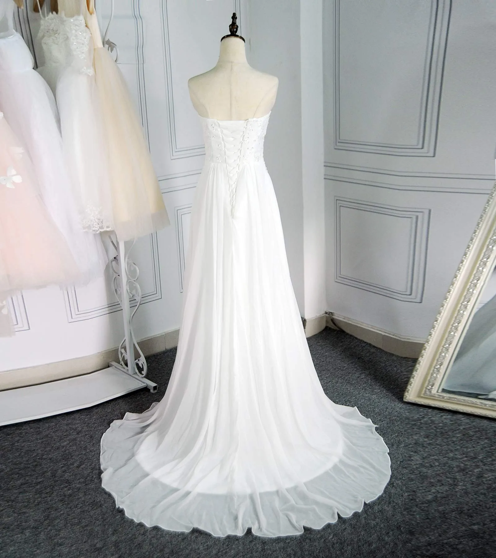 Classy Sweetheart Long Ivory Lace Chiffon Simple Beach Wedding Dress Y0124