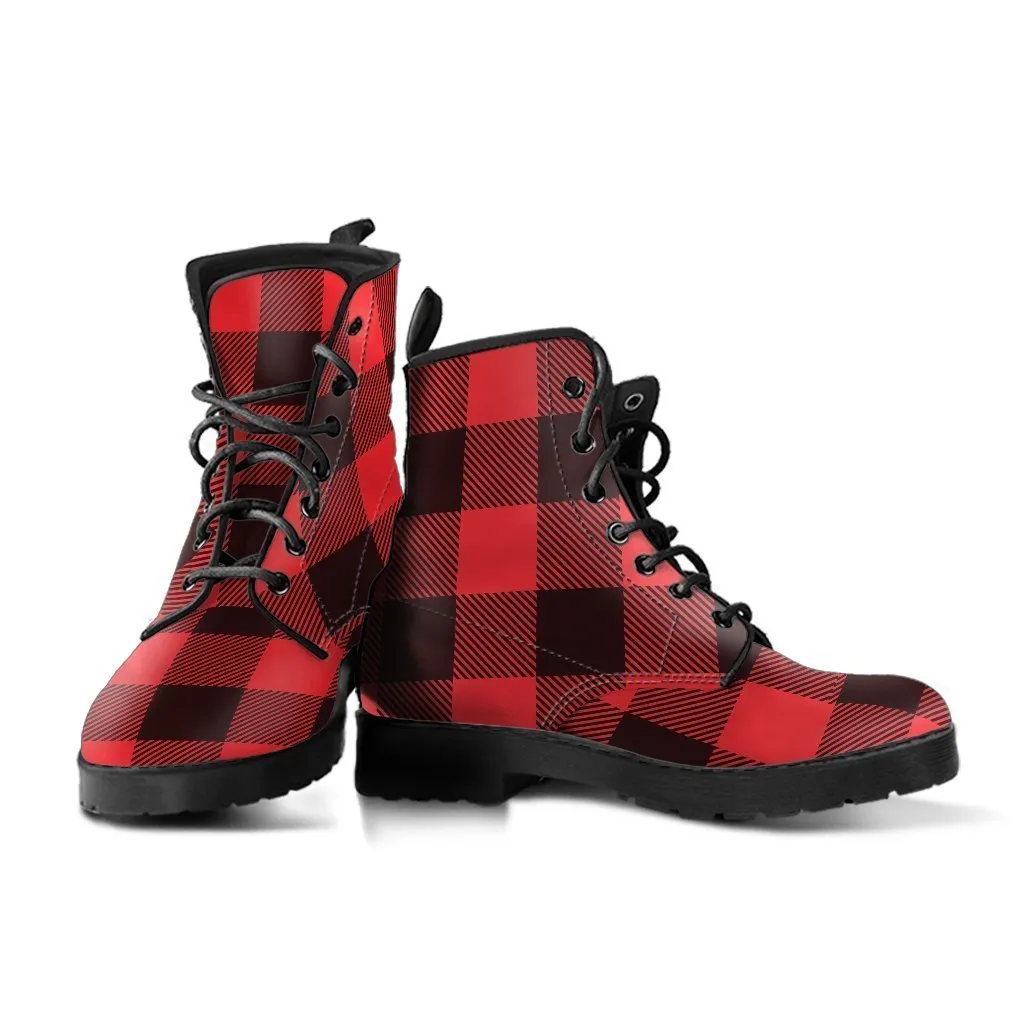 Combat Boots - Black & Red Plaid Boots | Red Boots, Handmade Vegan Leather Lace Up Boots