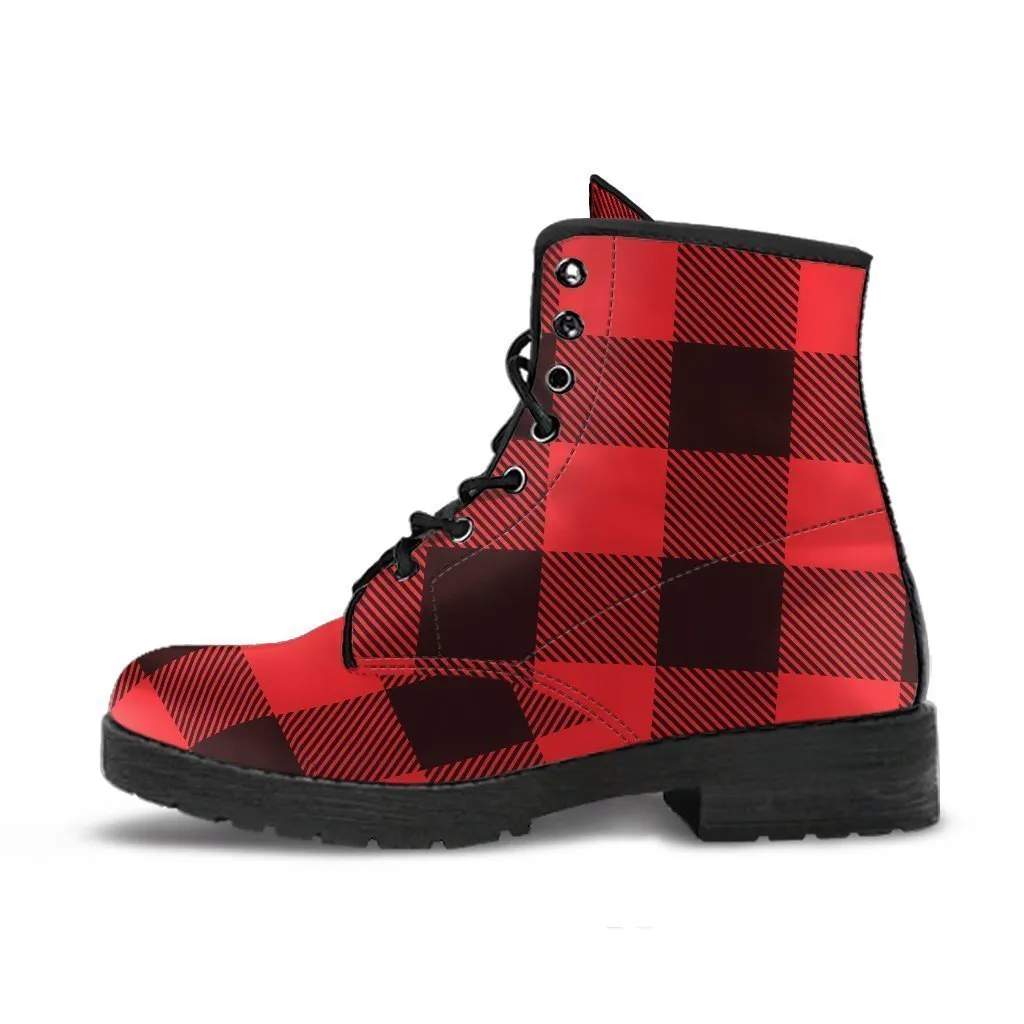Combat Boots - Black & Red Plaid Boots | Red Boots, Handmade Vegan Leather Lace Up Boots