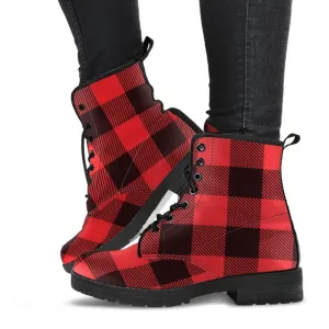 Combat Boots - Black & Red Plaid Boots | Red Boots, Handmade Vegan Leather Lace Up Boots