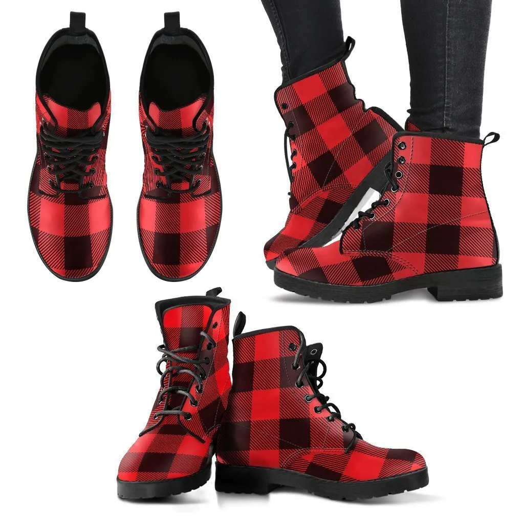 Combat Boots - Black & Red Plaid Boots | Red Boots, Handmade Vegan Leather Lace Up Boots