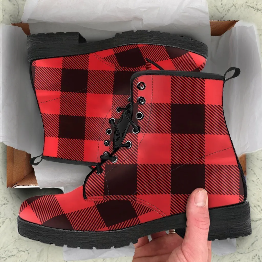Combat Boots - Black & Red Plaid Boots | Red Boots, Handmade Vegan Leather Lace Up Boots