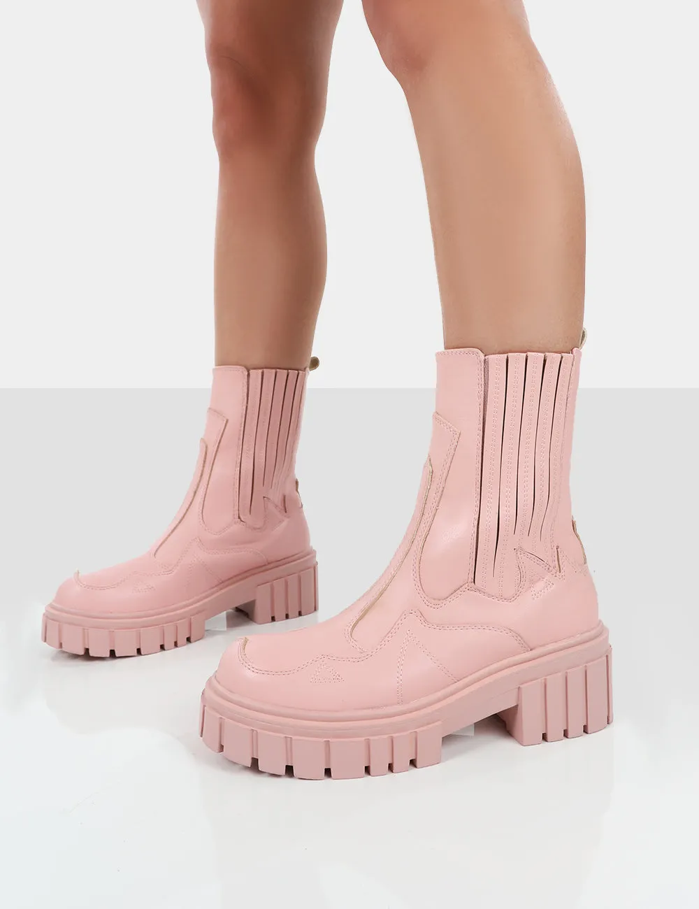 Consequence Pink Drench Stitched Detail Chunky Sole Ankle Boots