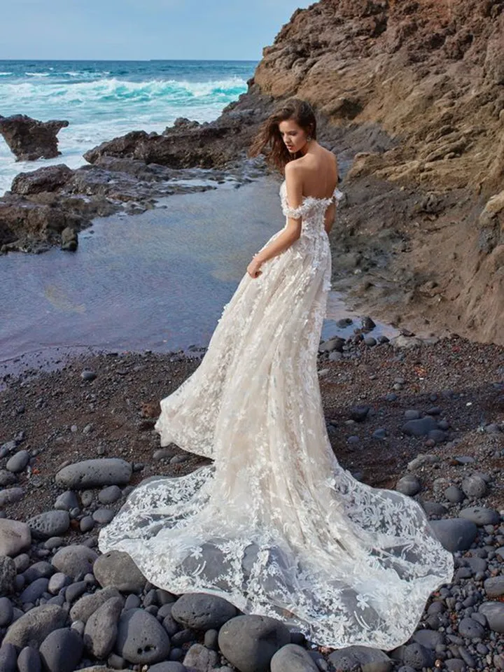 Court A-Line Lace Off-The-Shoulder Beach Wedding Dress AP8246