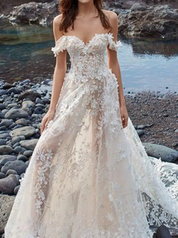Court A-Line Lace Off-The-Shoulder Beach Wedding Dress AP8246