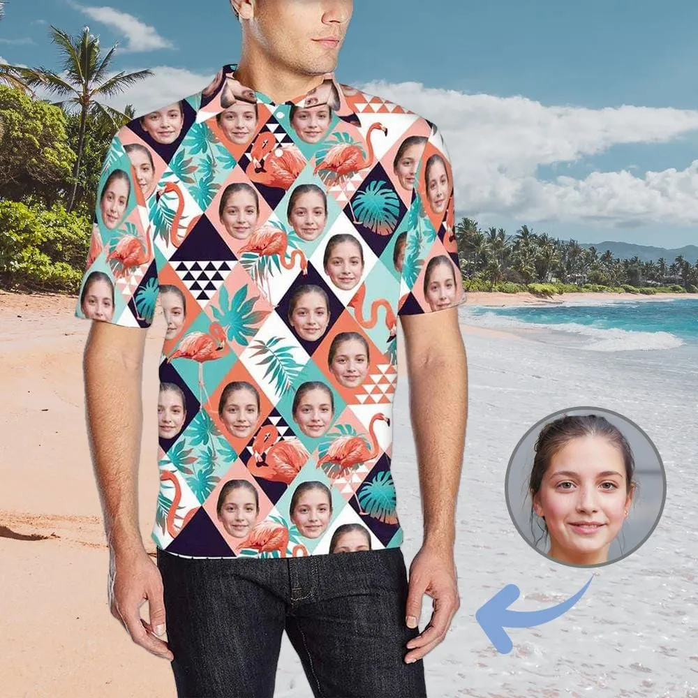 Custom Face Grid Orange Flamingo All Over Print Polo Shirt Personalized Men's Golf Shirt