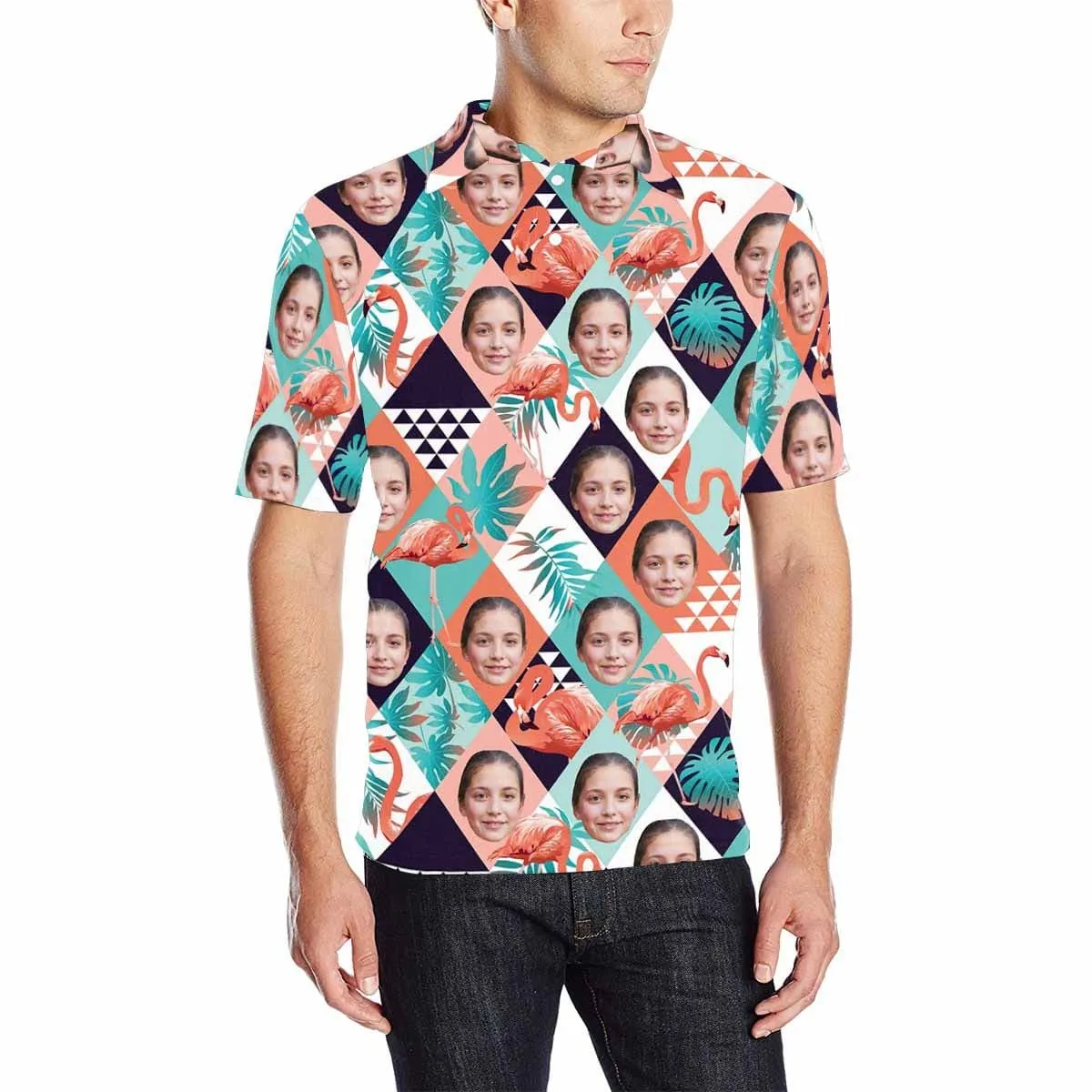 Custom Face Grid Orange Flamingo All Over Print Polo Shirt Personalized Men's Golf Shirt