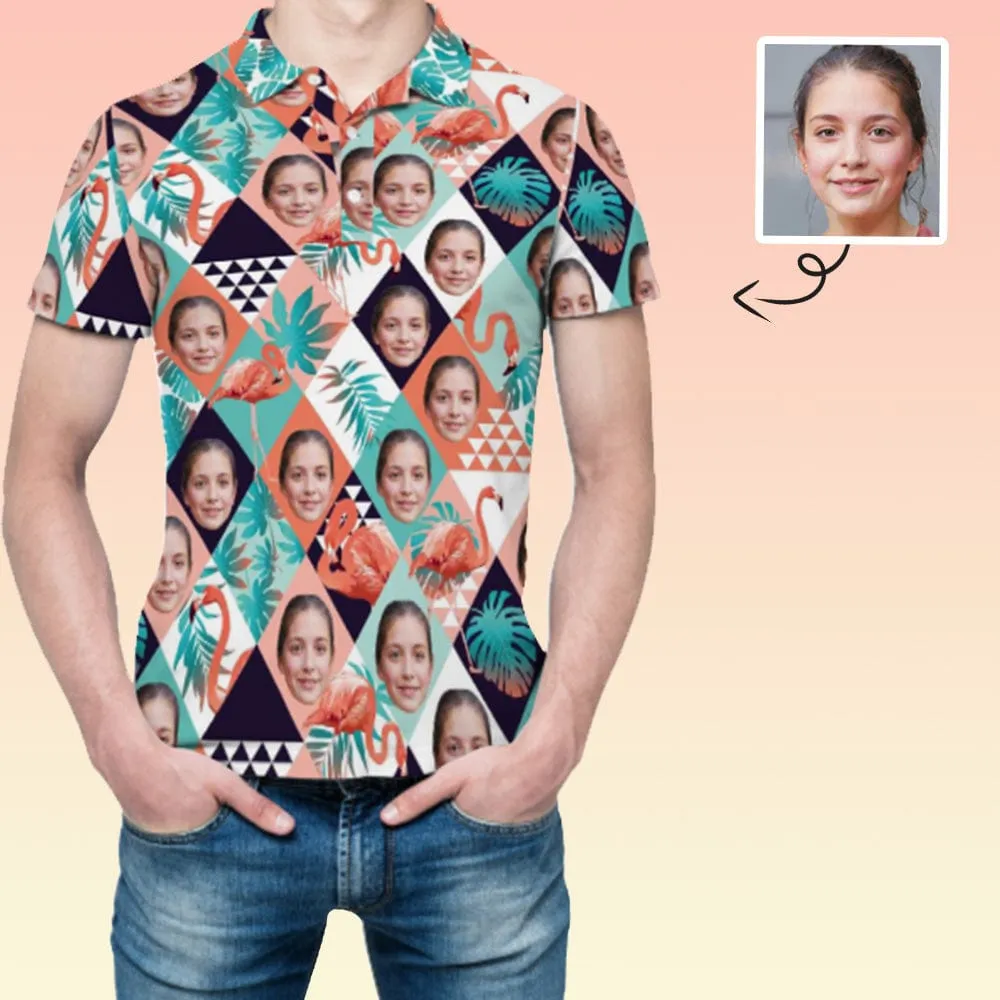 Custom Face Grid Orange Flamingo All Over Print Polo Shirt Personalized Men's Golf Shirt