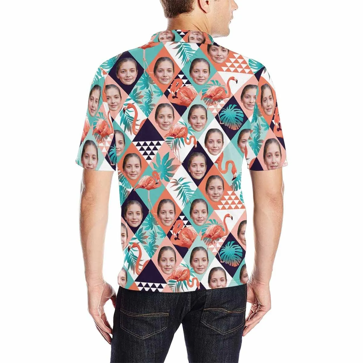 Custom Face Grid Orange Flamingo All Over Print Polo Shirt Personalized Men's Golf Shirt