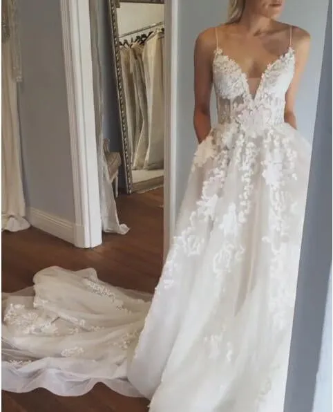 Deep V neck Lace Wedding Dress,Spaghetti Straps Beach Wedding Dress N74