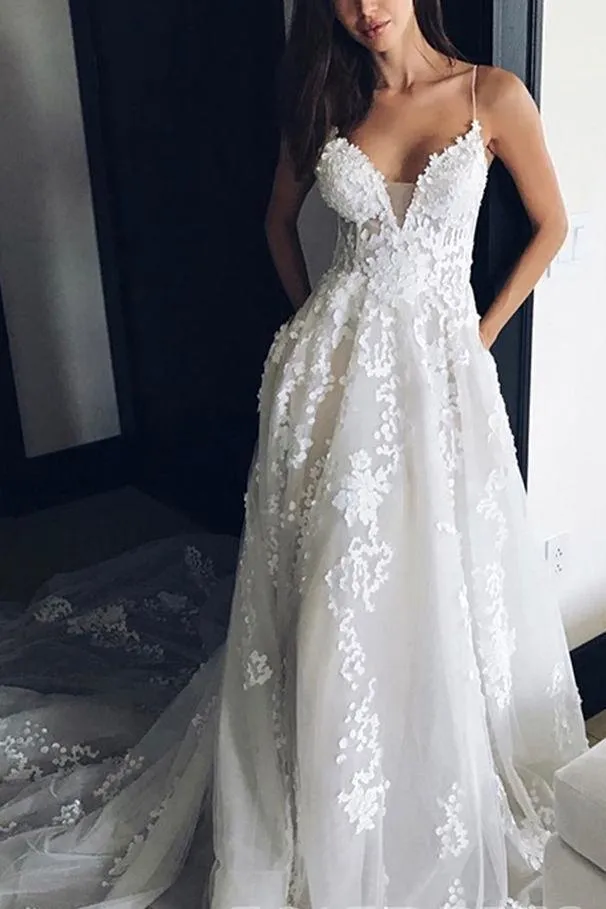 Deep V neck Lace Wedding Dress,Spaghetti Straps Beach Wedding Dress N74