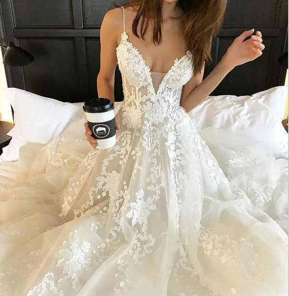 Deep V neck Lace Wedding Dress,Spaghetti Straps Beach Wedding Dress N74