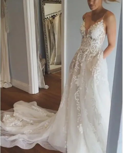 Deep V neck Lace Wedding Dress,Spaghetti Straps Beach Wedding Dress N74