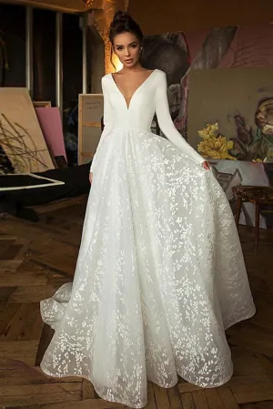 Elegant A Line Long Sleeves V Neck Beach Wedding Dress Long Bridal Dress N2552