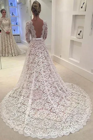 Elegant Ivory A-line Bateau Lace Long Sleeve Backless Wedding Dress With Court Train N347
