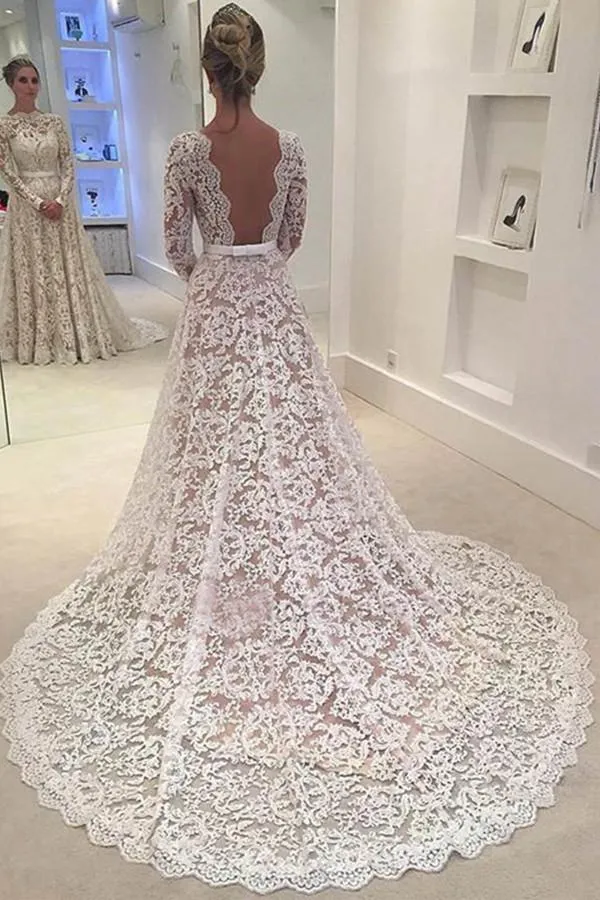 Elegant Ivory A-line Bateau Lace Long Sleeve Backless Wedding Dress With Court Train N347