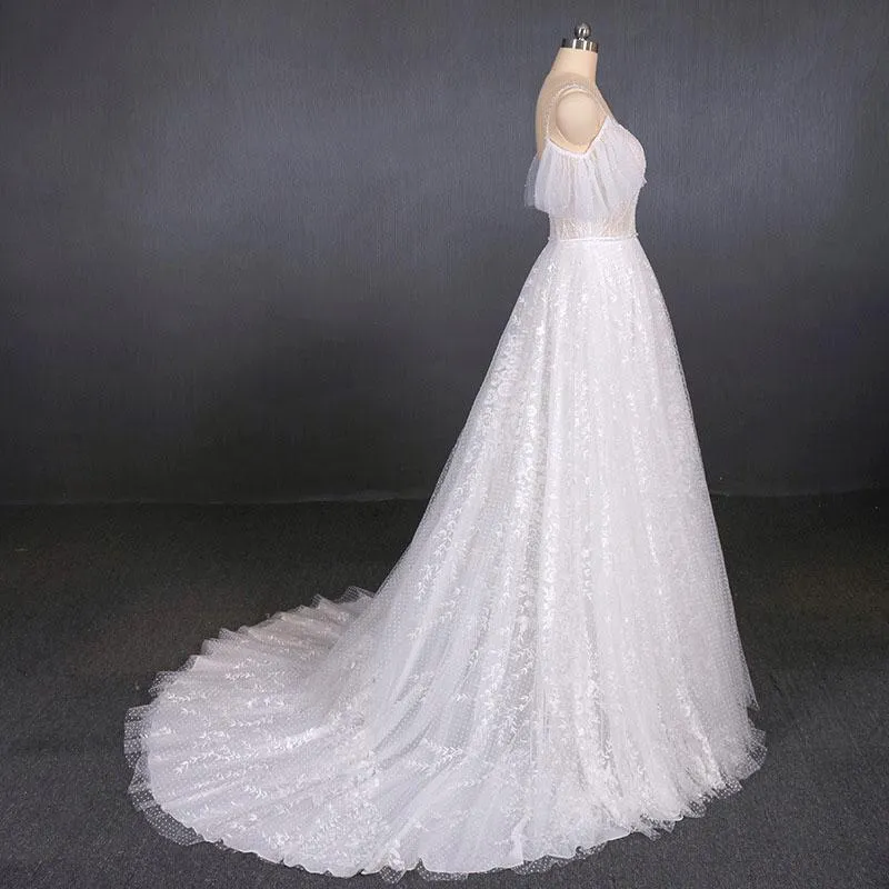 Elegant Sexy Spaghetti Straps Lace Wedding Dress, A Line V Neck Beach Wedding Dress N2353
