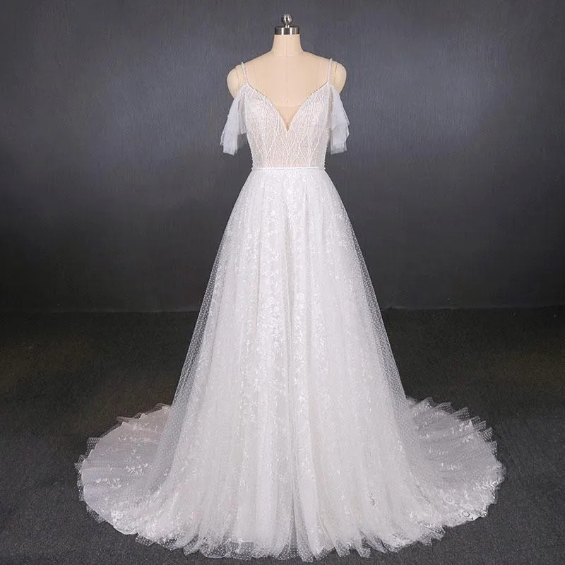 Elegant Sexy Spaghetti Straps Lace Wedding Dress, A Line V Neck Beach Wedding Dress N2353