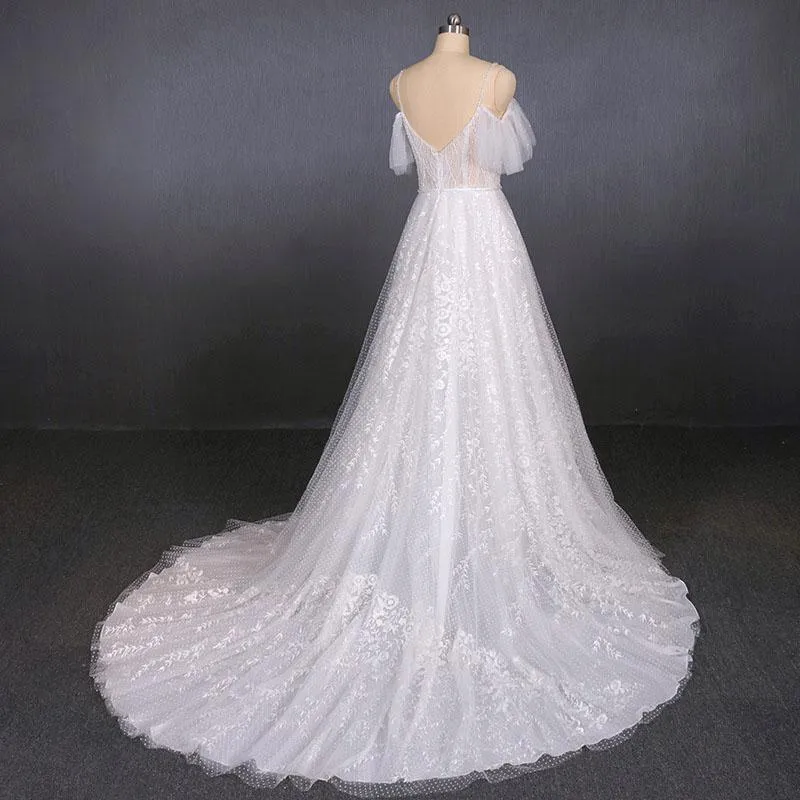 Elegant Sexy Spaghetti Straps Lace Wedding Dress, A Line V Neck Beach Wedding Dress N2353