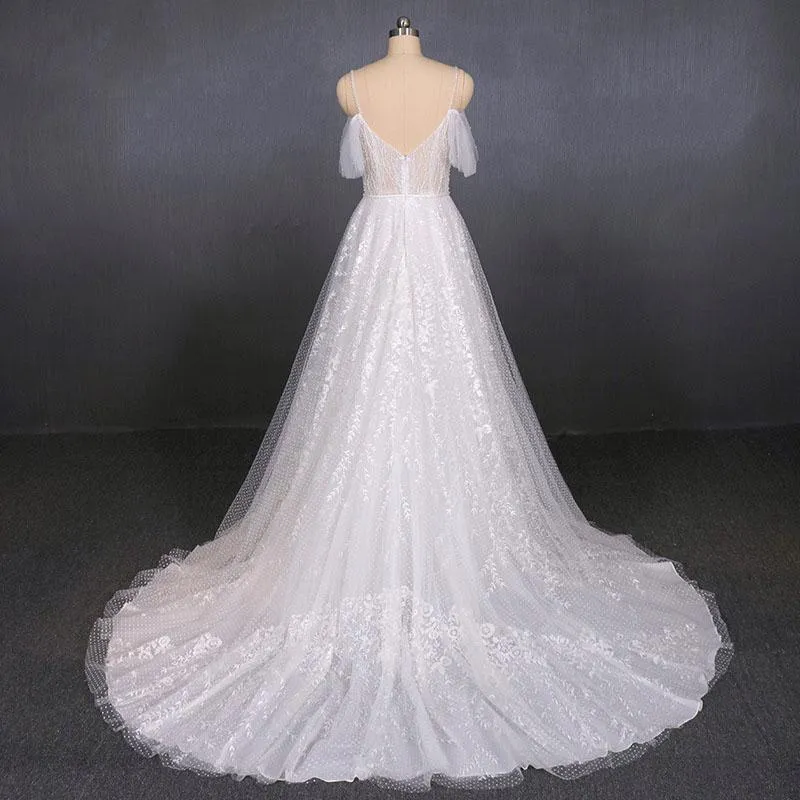 Elegant Sexy Spaghetti Straps Lace Wedding Dress, A Line V Neck Beach Wedding Dress N2353