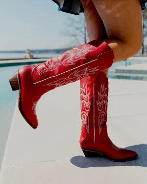 elveswallet Red Tulip Embroidered Pointed Toe Block Heel Boots