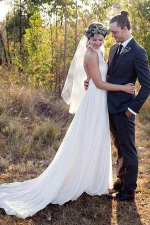Fashion A-line Halter Sleeveless Backless Chiffon Beach Wedding Dress With Lace N615