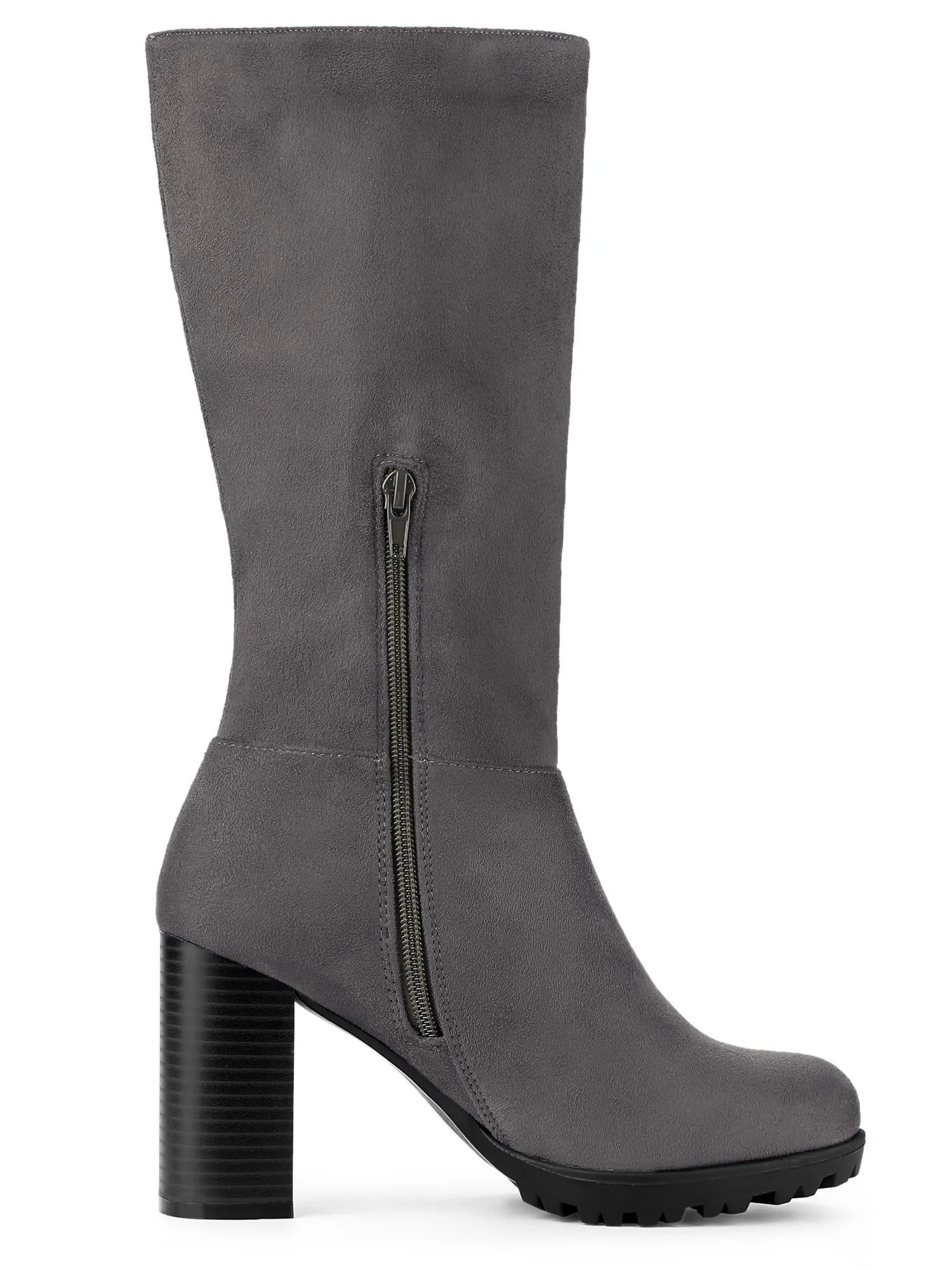 Faux Suede Mid Calf Block Heel Side Zipper Mid-Calf Boots