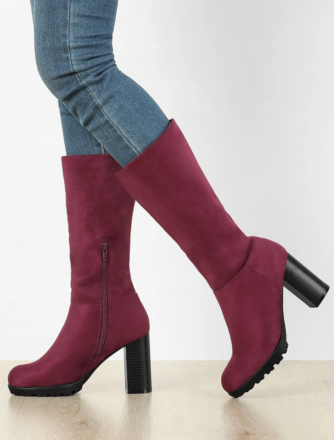 Faux Suede Mid Calf Block Heel Side Zipper Mid-Calf Boots