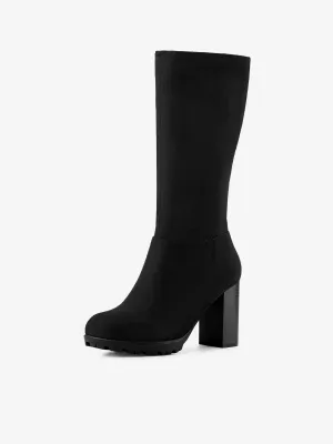 Faux Suede Mid Calf Block Heel Side Zipper Mid-Calf Boots