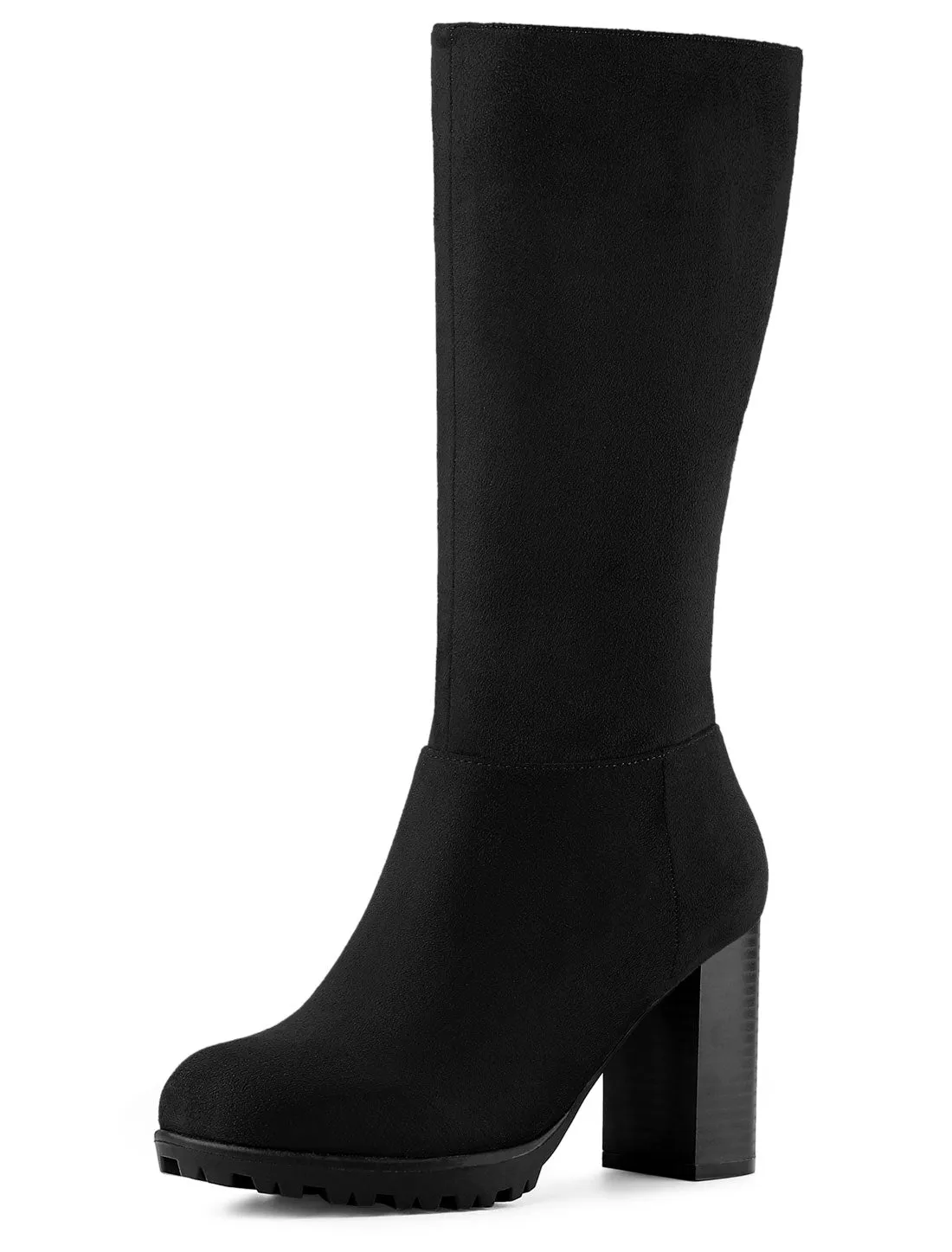 Faux Suede Mid Calf Block Heel Side Zipper Mid-Calf Boots