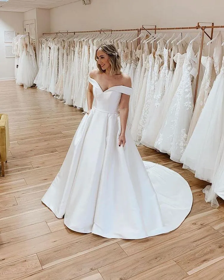 Formal Elegant Off The Shoulder Long Satin Wedding Dress Y0154
