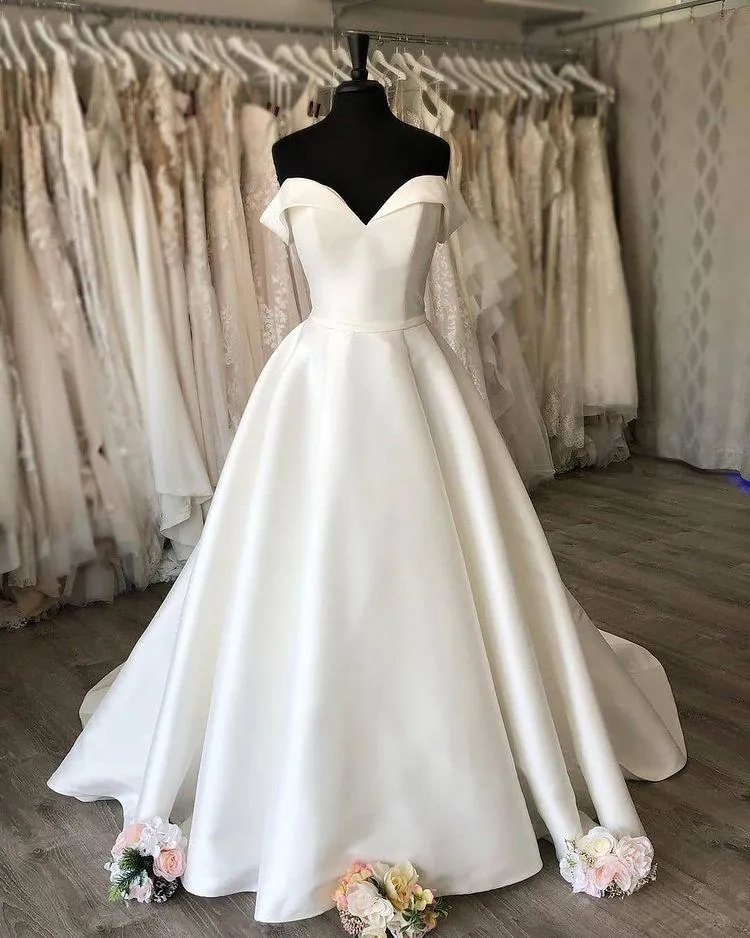 Formal Elegant Off The Shoulder Long Satin Wedding Dress Y0154