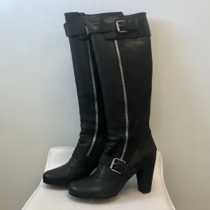 French Designer Moto Tall round toe high heeled boots in black